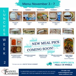 Our new #WinterMenu starts next week. We hope our clients will love our new meals!As the new meals come out, we will be updating our meal pics. You can find our full menu and easily register for our service on our website (Link in Bio): https://sndmow.com/⏰Don't forget to #FallBack your clocks this Sunday as Daylight Savings ends.#surreynorthdeltamow #sndmow #surreybc #mealsonwheels #morethanjustameal #mealsforseniors #communityservice #serviceforseniors #likefollowsharecomment