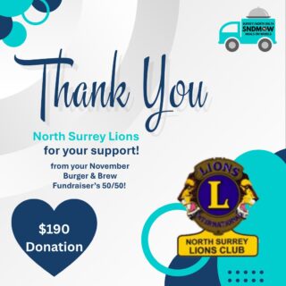 A heartfelt thank you to the #NorthSurreyLionsClub for raising funds for us at their bi-annual #BurgerandBrew event!We are so grateful for the relationship we have built and your continued support of our service🫶 We love attending this event, unfortunately we didn't get any pictures this time but it was a great evening with like-minded individuals. Our Admins won a few prizes too🎁 We look forward to joining you in the spring for the next Burger N' Brew!#surreynorthdeltamow #sndmow #surreybc #mealsonwheels #morethanjustameal #mealsforseniors #communityservice #serviceforseniors #likefollowsharecomment #communitysupport