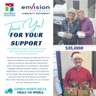 📣Shout out to the @firstwestfdn for their contribution to our important community service. We are honoured to be a recipient of a 2025 #EnvisionFinancialCommunityEndowmentGrant!💟Thanks to the funding provided by the First West Foundation, our organization will be able to continue serving the community with a strong team of volunteers. Volunteer mileage reimbursement makes a world of difference to the recruitment and retention of our team. Many of our volunteers are also seniors living on pensions, and other fixed incomes, and need their mileage covered so they can keep gas in their cars and stay up to date on maintenance. Unfortunately, our current funding does not cover this large expense of roughly $40K per year. We are grateful for community partners like the First West Foundation. With their help we can focus on our mission, not our funding issues!🫶“First West Foundation is proud to provide grants through the Envision Financial Community Endowment”