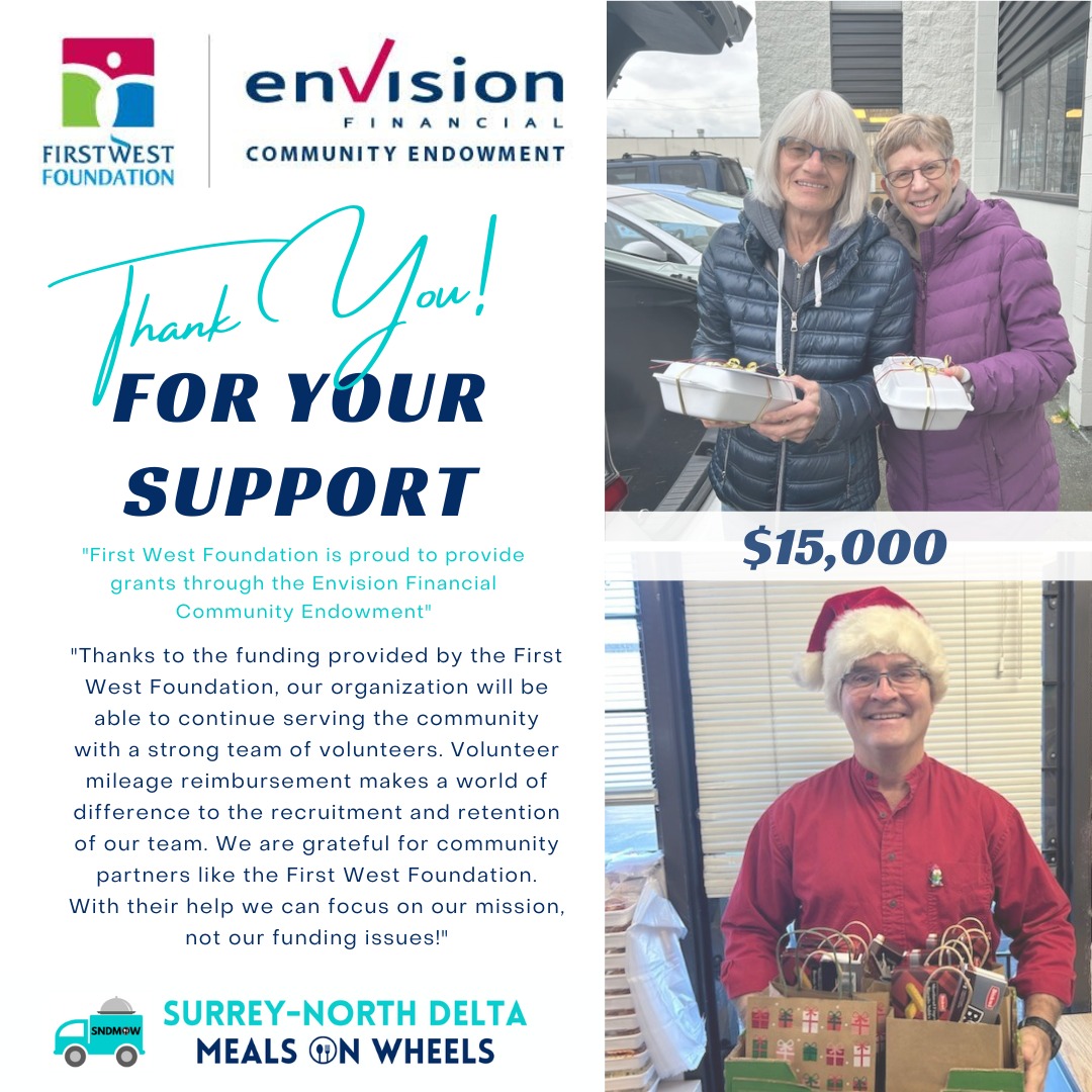 📣Shout out to the @firstwestfdn for their contribution to our important community service. We are honoured to be a recipient of a 2025 #EnvisionFinancialCommunityEndowmentGrant!💟Thanks to the funding provided by the First West Foundation, our organization will be able to continue serving the community with a strong team of volunteers. Volunteer mileage reimbursement makes a world of difference to the recruitment and retention of our team. Many of our volunteers are also seniors living on pensions, and other fixed incomes, and need their mileage covered so they can keep gas in their cars and stay up to date on maintenance. Unfortunately, our current funding does not cover this large expense of roughly $40K per year. We are grateful for community partners like the First West Foundation. With their help we can focus on our mission, not our funding issues!🫶“First West Foundation is proud to provide grants through the Envision Financial Community Endowment”