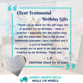 🥳We love celebrating our clients birthdays with them!💝For many of our clients, our volunteer drivers are the only people they see in a day. Many are isolated and lonely. A small gift from us shows that we care and can make all the difference in the lives of our clients.Thank you, L.D., for sharing your experience with us so we can share it with others🫶 www.sndmow.com#surreynorthdeltamow #sndmow #surreybc #mealsonwheels #morethanjustameal #mealsforseniors #communityservice #serviceforseniors #likefollowsharecomment