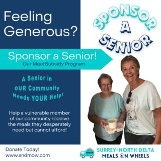 💝Are you feeling generous? Do you want to help a senior, or other vulnerable member of our community, in need?🫶Donate to our #SponsorASenior fund! Sponsor a Senior is our meal subsidy program that allows us to offer our meals at a reduced cost for those struggling with financial insecurities.✅Use the #DonateNow button on our website to make your contribution Today! (Link in Bio) https://sndmow.com/#surreynorthdeltamow #sndmow #surreybc #mealsonwheels #morethanjustameal #mealsforseniors #communityservice #serviceforseniors #likefollowsharecomment