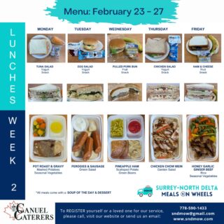 Sharing our menu for next week...
😋Some mouth-watering favourites in store for our clients next week! Thanks to @canuelcaterers for the love and care they put into each and every meal🫶✅Ready to give our service a try? Registering for our service is easy-peasy! Use this link to sign up today (Link in Bio): https://sndmow.com/our-service/#surreynorthdeltamow #sndmow #surreybc #mealsonwheels #morethanjustameal #mealsforseniors #communityservice #serviceforseniors #likefollowsharecomment