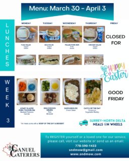 🌷March is almost done and Spring is in the air!

🍽️Just sharing our menu for next week. Many mouth-watering meals for our clients to enjoy! Please note that we will be closed next Friday, April 3rd, for #GoodFriday. We will resume normal operations on Monday, April 6th. 

💟Also, here is our menu for April, the last month of our #WinterMenu. #SpringMenu starts May 4th! Use the QR Code, or this link, to view our website, register for our service or make a donation: www.sndmow.com

#surreynorthdeltamow #sndmow #surreybc #mealsonwheels #morethanjustameal #mealsforseniors #communityservice #serviceforseniors #likefollowsharecomment