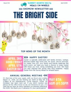 It's that time of the month again...
☀️April's issue of #TheBrightSide is here!
 
☄️Highlights this month include National Volunteer Week, AGM announcement and news on our Volunteer Committee. 

✅You can view all issues of our #MonthlyNewsletter, subscribe to our newsletter, or download the pdf on our website (Link in Bio): https://sndmow.com/our-community/newsletter/

Happy Reading! (Don't forget to share😉)

#surreynorthdeltamow #sndmow #surreybc #mealsonwheels #morethanjustameal #mealsforseniors #communityservice #serviceforseniors #likefollowsharecomment