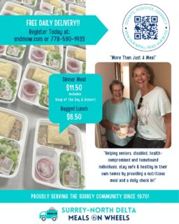 We have been serving the Surrey community since 1970 and, although many things have changed in the last 56 years, our mission remains the same - Helping seniors, disabled, health-compromised and homebound individuals stay safe and healthy in their own homes by providing a nutritious meal and a daily check in!

Use the QR Code or this link to find out more: https://sndmow.com/

Next Friday will be the last chance to enjoy our mouth-watering Ginger Beef before our bi-annual menu change! 

#surreynorthdeltamow #sndmow #surreybc #mealsonwheels #morethanjustameal #mealsforseniors #communityservice #serviceforseniors #likefollowsharecomment