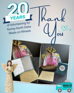 💝We are celebrating a volunteer's 20 year anniversary serving the Surrey-North Delta Meals on Wheels community! #sndmow🎉Shout out to Luz for her dedication to our charity and to our clients. For 20 years you have given at least 2 hours of volunteering once a week. We appreciate you and your efforts! We hope you enjoy your gift basket full of goodies and a beautiful angel figurine💟