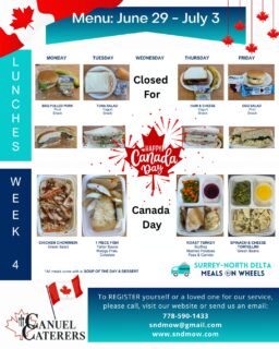 🍽️Here is our menu for next week. Please be aware that we will be closed for #CanadaDay on Wednesday, July 1st, and will resume our regular operations on Thursday, July 2nd. 🍁☀️Also sharing our menu for the month of July 2026. Use the QR code to view our menu on our website.✅Find out more about us, register for our service, apply to volunteer or make a donation directly on our website: https://sndmow.com/#surreynorthdeltamow #sndmow #surreybc #mealsonwheels #morethanjustameal #mealsforseniors #communityservice #serviceforseniors #likefollowsharecomment