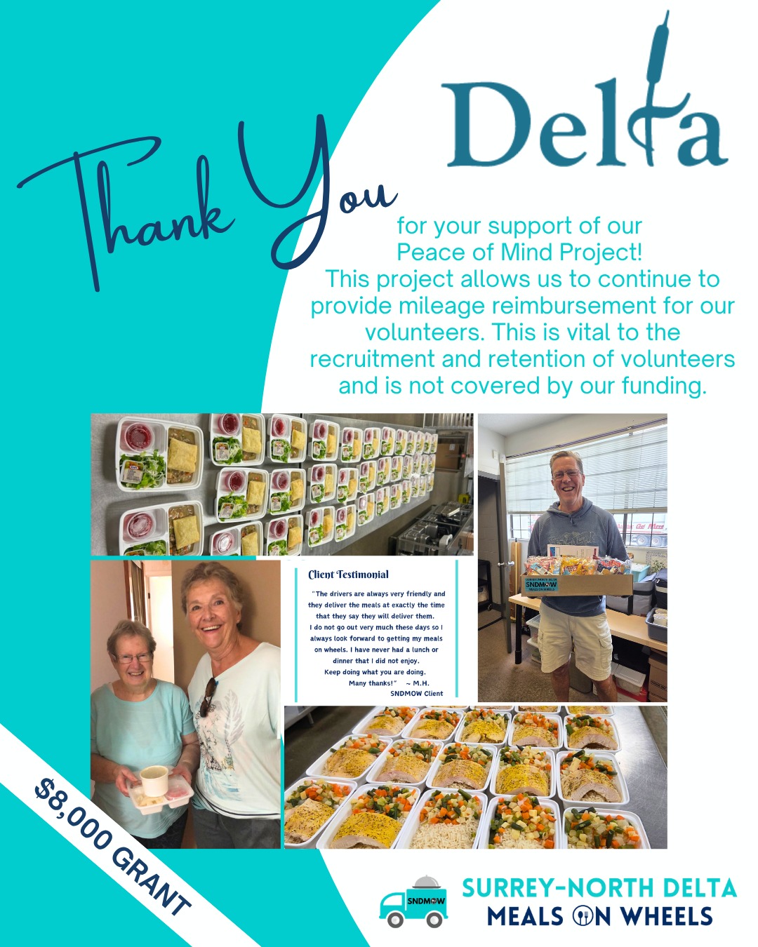 📣Shout out to the City of Delta Community Grants Program for the generous contribution to our #PeaceofMindProject! 🫶🚗🍽️Our Peace of Mind Project benefits our #VolunteerMileageFund which allows us to continue to provide mileage reimbursement for our amazing team of volunteers. This helps us to recognize and support our volunteer's contributions to our vital community service! This large expense of $38,000 per year is not covered by our funding and requires help from the community.Thank you for your consideration and support🥰You can also support this project by using the donate now button on our website and choosing our Volunteer Mileage Fund: https://sndmow.com/#surreynorthdeltamow #sndmow #surreybc #mealsonwheels #morethanjustameal #mealsforseniors #communityservice #serviceforseniors #likefollowsharecomment