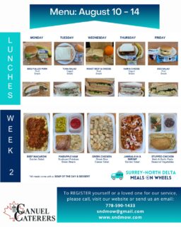 🍽️Here is our menu for next week.Wholesome, well-balanced meals to provide adequate nutrition to seniors, disabled, home-bound and health-compromised residents of Surrey and North Delta.Thanks to @canuelcaterers for our rewarding partnership😊#surreynorthdeltamow #sndmow #surreybc #mealsonwheels #morethanjustameal #mealsforseniors #communityservice #serviceforseniors #likefollowsharecomment