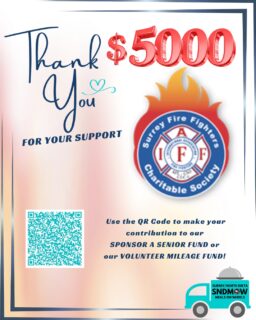 📣Shout out to @surreyfirefighters for their generous contribution to our Sponsor a Senior and Volunteer Mileage Funds.Thanks to this donation our volunteers will continue to receive mileage reimbursement and we can continue offering our meal subsidy program to those in desperate need of our meals 🫶You can also help us to continue supporting the community in this capacity. Use the QR code below or use the DONATE TODAY button on our website: https://sndmow.com/