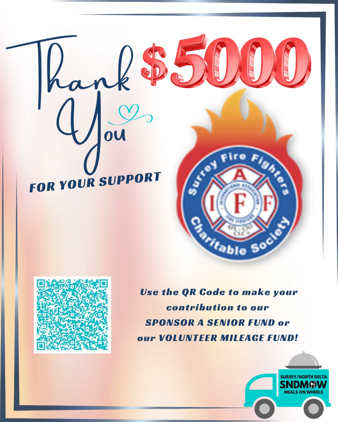 📣Shout out to @surreyfirefighters for their generous contribution to our Sponsor a Senior and Volunteer Mileage Funds.Thanks to this donation our volunteers will continue to receive mileage reimbursement and we can continue offering our meal subsidy program to those in desperate need of our meals 🫶You can also help us to continue supporting the community in this capacity. Use the QR code below or use the DONATE TODAY button on our website: https://sndmow.com/