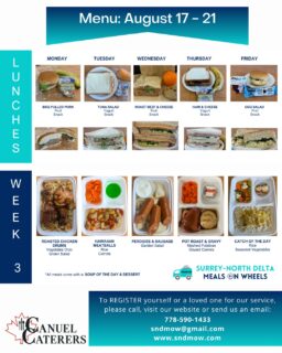 🍽️Check out next week's menu...Wholesome, well-balanced, and delicious meals! The kitchen staff at @canuelcaterers take special care when preparing our meals, to meet the complex dietary needs of our clients. We can not thank them enough for their service to our community🫶Do you want to see our full menu or register for our service? It is easy to do so on our website, check it out now: https://sndmow.com/#surreynorthdeltamow #sndmow #surreybc #mealsonwheels #morethanjustameal #mealsforseniors #communityservice #serviceforseniors