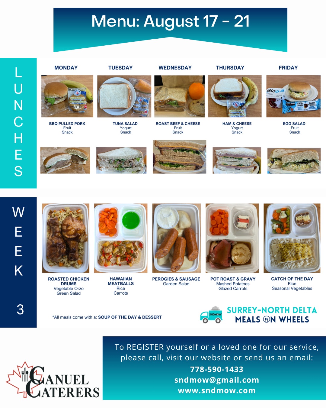 🍽️Check out next week's menu...Wholesome, well-balanced, and delicious meals! The kitchen staff at @canuelcaterers take special care when preparing our meals, to meet the complex dietary needs of our clients. We can not thank them enough for their service to our community🫶Do you want to see our full menu or register for our service? It is easy to do so on our website, check it out now: https://sndmow.com/#surreynorthdeltamow #sndmow #surreybc #mealsonwheels #morethanjustameal #mealsforseniors #communityservice #serviceforseniors