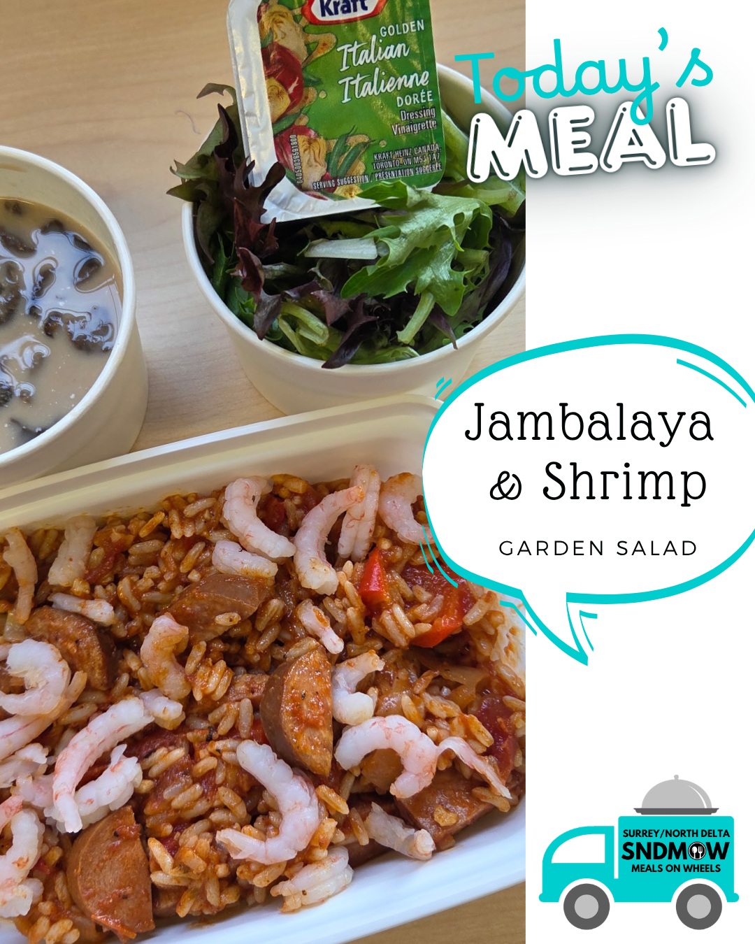 Today's meal is a mouth-watering and nutrient-rich #Jambalaya witth Shrimp served with a garden salad, soup of the day and a dessert. This delicious and nutritious meal is popular with our clients. View our full menu on our website: https://sndmow.com/our-service/menu/Shout out to @canuelcaterers for providing this well-balanced meal for our clients!#surreynorthdeltamow #sndmow #surreybc #mealsonwheels #morethanjustameal #mealsforseniors #communityservice #serviceforseniors #likefollowsharecomment