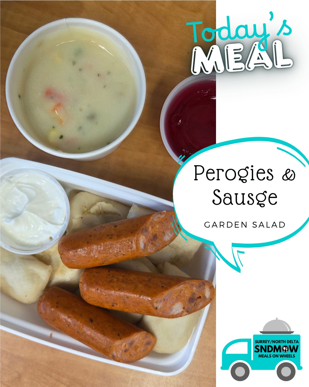 Today we are serving a client favourite - Perogies & Sausage served with a garden salad, soup of the day and a dessert.Register today to start receiving our delicious, well-balanced meals delivered fresh daily right to your door: https://sndmow.com/#surreynorthdeltamow #sndmow #surreybc #mealsonwheels #morethanjustameal #mealsforseniors #communityservice #serviceforseniors