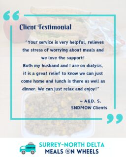 💟Thank you to our clients A&D.S. (abbreviated for privacy) for sharing their experience with our service. We are so happy that we can support this couple in their time of need. It is very fulfilling to hear how our service makes a difference in the lives of our clients.🍽️Here is our menu for next week. A healthy and tasty line up of well-balanced meals. Thanks to @canuelcaterers for everything they do to provide exactly what our clients need! https://sndmow.com/#surreynorthdeltamow #sndmow #surreybc #mealsonwheels #morethanjustameal #mealsforseniors #communityservice #serviceforseniors