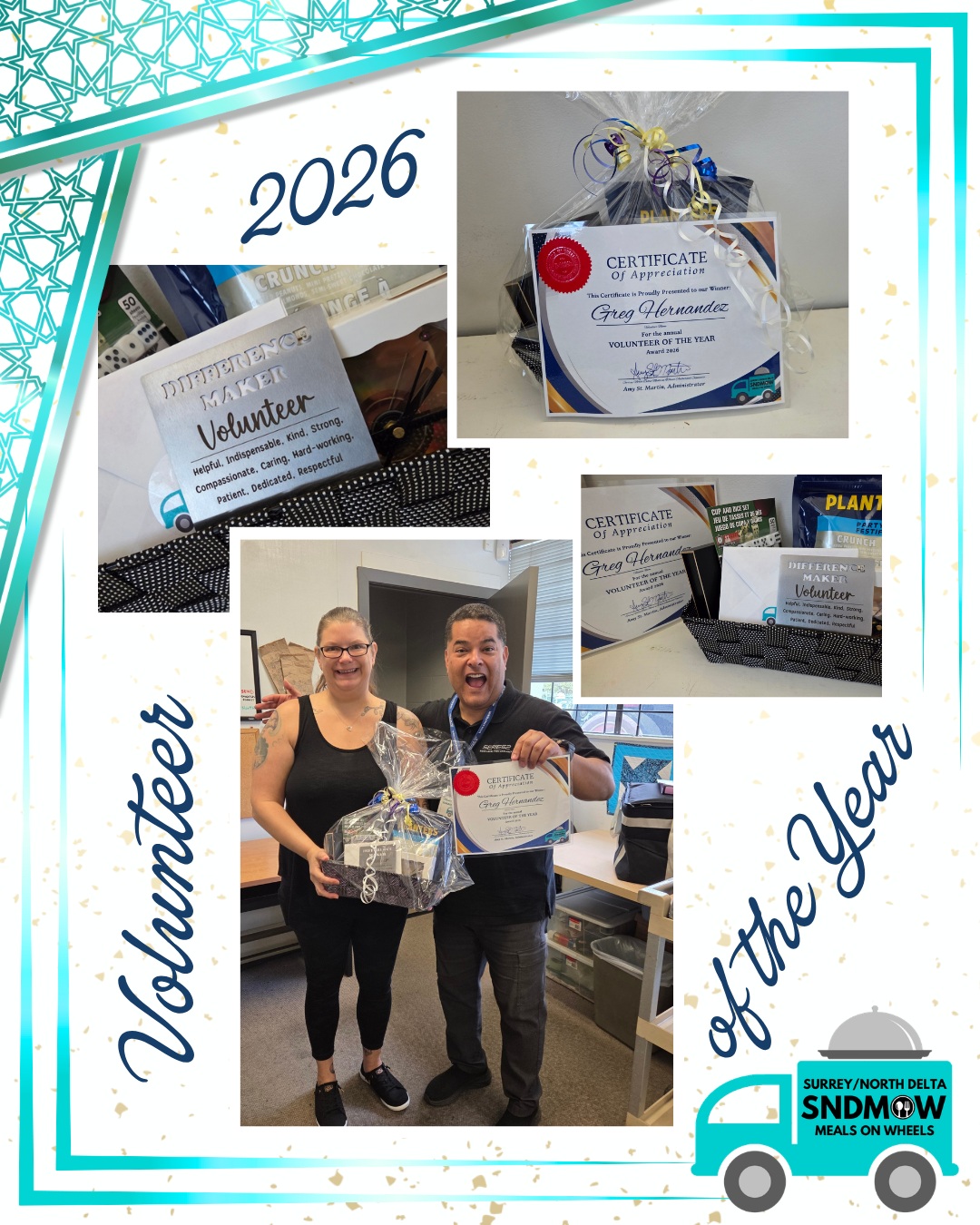 🎉Congratulations to our #VolunteerOfTheYear, Greg Hernandez!💟We are so grateful to have this special human on our team of volunteers. He is more than just dedicated - he is consistent, kind, considerate, reliable, giving and humble!Over the last 3 years, Greg has put in a lot of time and effort for our charity. He delivers our meals to our clients multiple times a week, sometimes doing 2 routes in one day. He has volunteered at events to help share our mission. Most recently, Greg has joined the Board of Directors, and we are looking forward to his contributions in this new position.Thank you Greg for all you have done and continue to do for our charity and our clients!🫶