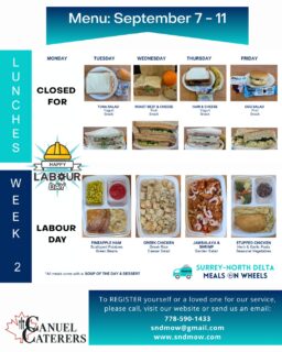 It's #LabourDay long weekend! This weekend marks the end of summer season and the beginning of a new school year. The weather begun to change, and temperatures are fluctuating drastically.For Meals on Wheels, it's a time to start working on our menu change for the Fall/Winter season, including more comfort meals for those darker, colder days. What meals would bring you comfort during this season?We are closed on Monday, September 7th, so there will be no deliveries. We will resume normal operations on Tuesday, September 8th. https://sndmow.com/#surreynorthdeltamow #sndmow #surreybc #mealsonwheels #morethanjustameal #mealsforseniors #communityservice #serviceforseniors