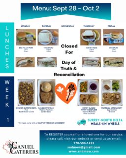 Here is our menu for next week.Friendly reminder that we will be closed on Wednesday, September 30th in recognition of #TruthandReconciliationDay. We will resume regular operations on Thursday, October 1st.Are you hoping for a change in meals? Change is coming in November! New Season, New Menu, New Meals - Same Fresh Ingredients, Same Quality & Care, Same Friendly Service!Register Today: https://sndmow.com/our-service/