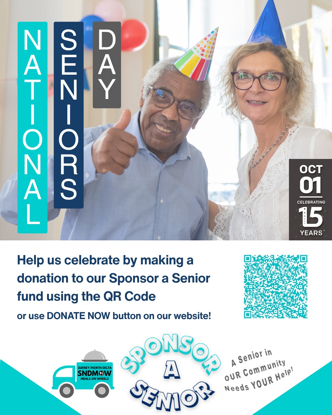 🎉It's #NationalSeniorsDay! A time to celebrate the seniors in your life and all they contribute to your family and our communities!💟Help us celebrate Seniors Day by making a donation to our #SponsorASenior fund (our #MealSubsidyProgram) - help someone that is in desperate need of our meals but unable to afford them due to low-incomes and financial insecurities🫶Use the QR Code provided or the DONATE TODAY button on our website: https://sndmow.com/Find out more about our program here: https://sndmow.com/giving-opportunities/sponsor-a-senior/#surreynorthdeltamow #sndmow #surreybc #mealsonwheels #morethanjustameal #mealsforseniors #communityservice #serviceforseniors #LikeFollowShare