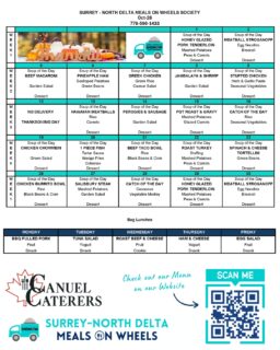 🍽️Here is our menu for next week and our October menu.Our last Week 2 of the Spring menu, enjoy these meals because they may not make the cut for our Winter Menu starting November 2nd.💟Thanks to our meal providers for their collaboration and assistance in bringing our clients the meals they need to maintain good health which allows them to remain independent and living in their own homes! @canuelcaterers#surreynorthdeltamow #sndmow #surreybc #mealsonwheels #morethanjustameal #mealsforseniors #communityservice #serviceforseniors #LikeFollowShare