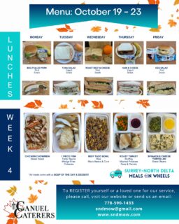 🍽️Here is next weeks menu...🍂❄️Not all of these meals made the cut for our Fall/Winter menu, so enjoy them this week as it may be the last time you receive them.New menu starts November 2nd on Week 2. We are looking forward to serving new meals and getting feedback from our clients 😋 Thanks to @canuelcaterers for making our menu change so easy!Are you ready to try our service? Register Today (Link in Bio): https://sndmow.com/#surreynorthdeltamow #sndmow #surreybc #mealsonwheels #morethanjustameal #mealsforseniors #communityservice #serviceforseniors #LikeFollowShare