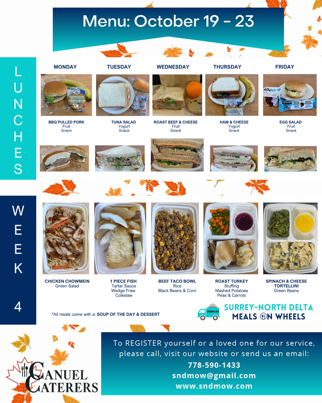 🍽️Here is next weeks menu...🍂❄️Not all of these meals made the cut for our Fall/Winter menu, so enjoy them this week as it may be the last time you receive them.New menu starts November 2nd on Week 2. We are looking forward to serving new meals and getting feedback from our clients 😋 Thanks to @canuelcaterers for making our menu change so easy!Are you ready to try our service? Register Today (Link in Bio): https://sndmow.com/#surreynorthdeltamow #sndmow #surreybc #mealsonwheels #morethanjustameal #mealsforseniors #communityservice #serviceforseniors #LikeFollowShare
