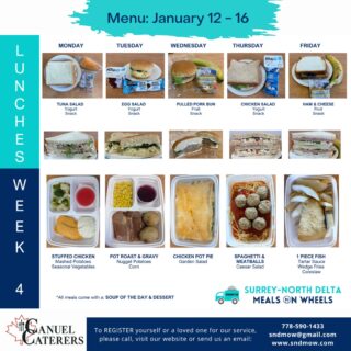 #HappyFriday🍽️Just sharing our menu for next week. We have some client favourites on the menu, #PotRoast and #FishandChips, made especially for our clients by @canuelcaterers!✅Here is the full menu for January as well. You can view our full menu, register for our service, apply to be a volunteer or make a donation on our website (Link in Bio): https://sndmow.com/#surreynorthdeltamow #sndmow #surreybc #mealsonwheels #morethanjustameal #mealsforseniors #communityservice #serviceforseniors #likefollowsharecomment #communitysupport